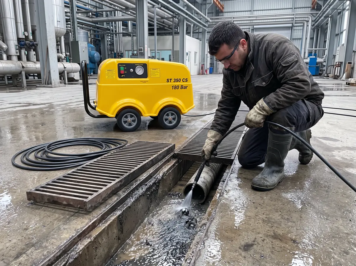 Fabrika zeminindeki gider borusuna kanal açma hortumu süren çalışan, arkada Rottest ST 350 CS