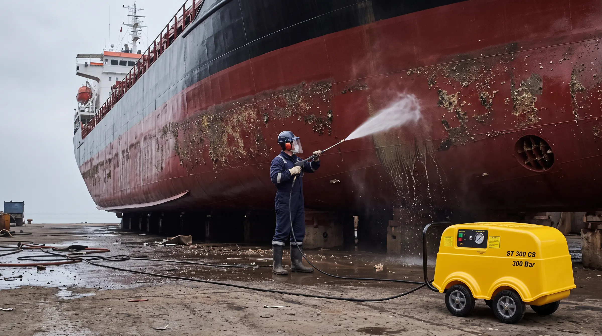 Tersane havuzunda Rottest ST 300 CS ile yüksek basınçlı suyla temizlenen gemi karinası