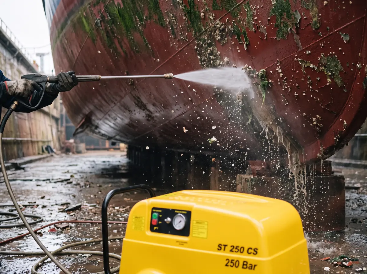 Havuzdaki geminin karinasından yüksek basınçla sökülen midye ve yosun, önde Rottest ST 250 CS