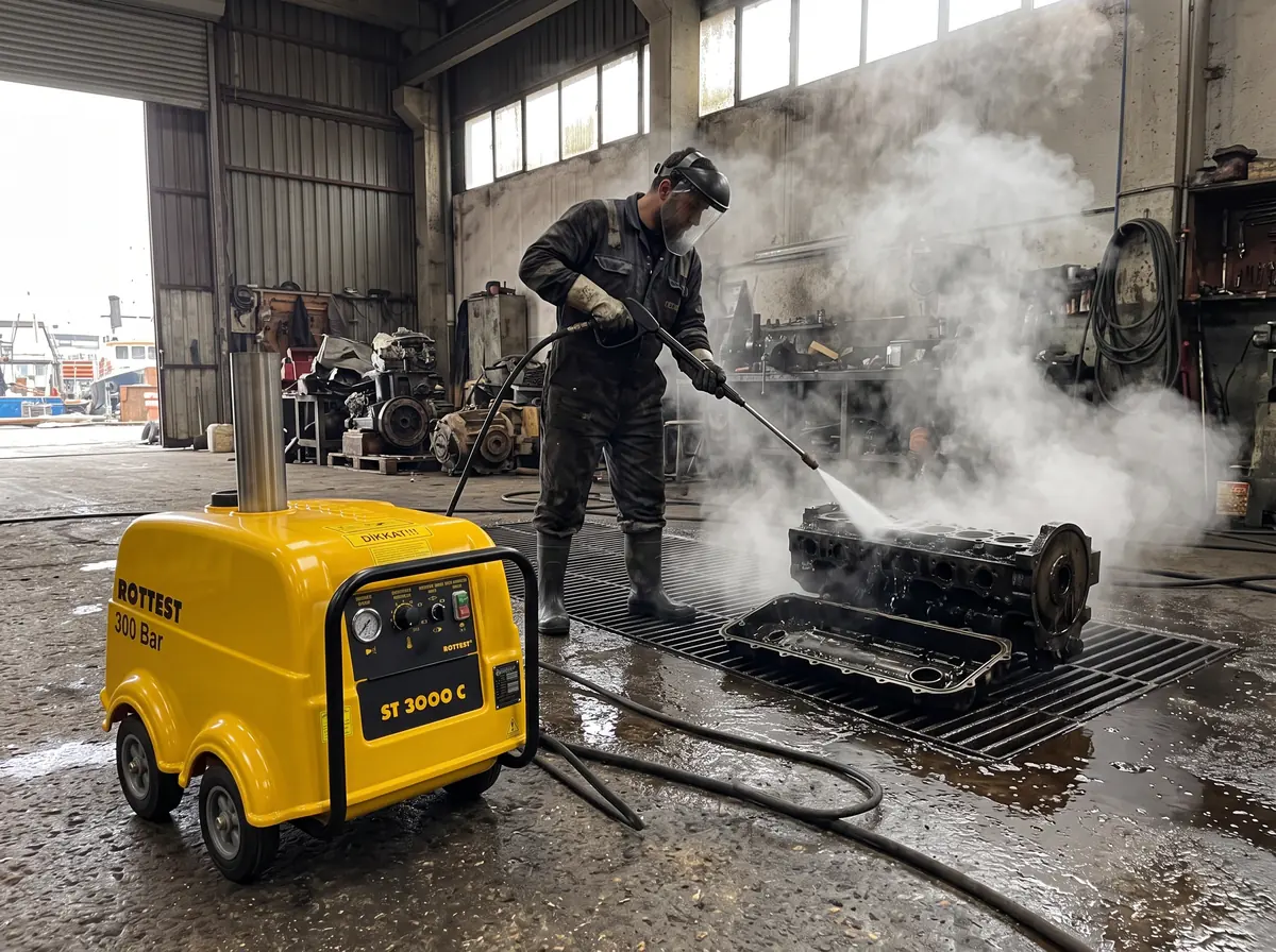 Tersane atölyesinde Rottest ST 3000 C ile sıcak suyla yağı alınan gemi motoru parçaları