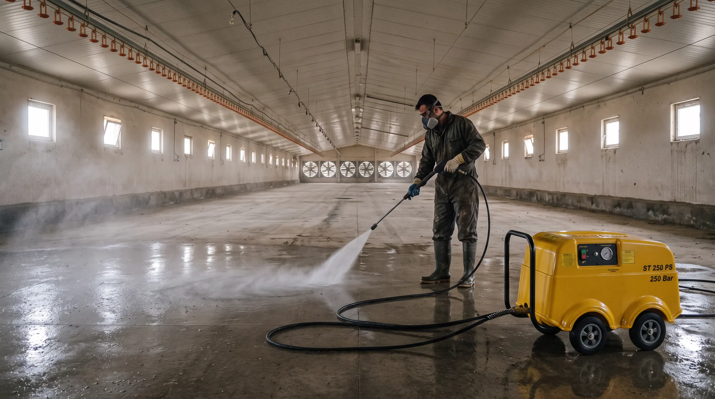 Boşaltılmış bir kümeste Rottest ST 250 PS ile yıkanan beton zemin