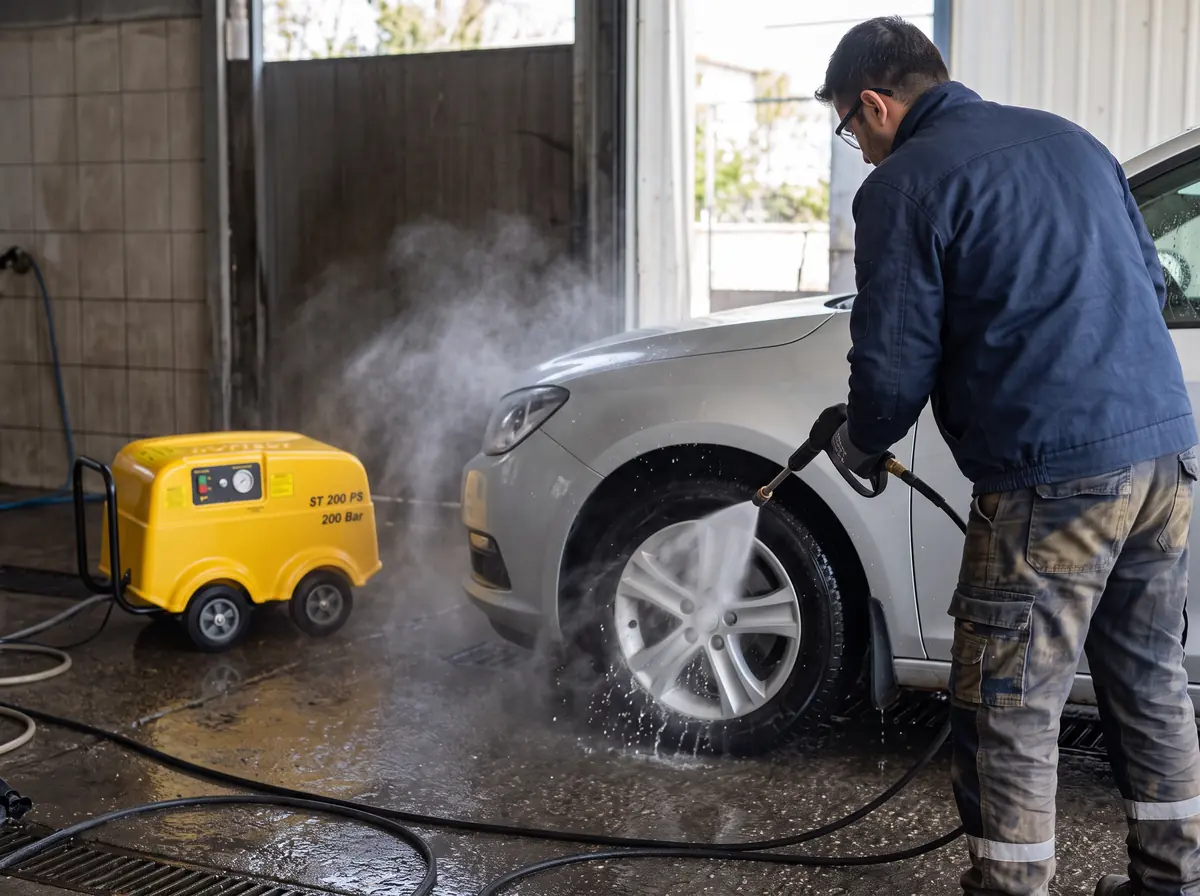 Oto yıkama bölmesinde Rottest ST 200 PS tetikli makineyle jant yıkayan operatör