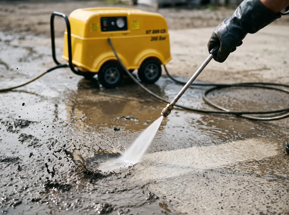 Nozuldan çıkan dar su hüzmesinin çamurlu beton yüzeyde temiz bir şerit açması